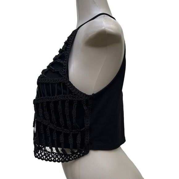 NWOT H&M Crop Top Women's Large Black Halter Ribbon Embroidered Crochet Overlay - Picture 8 of 12